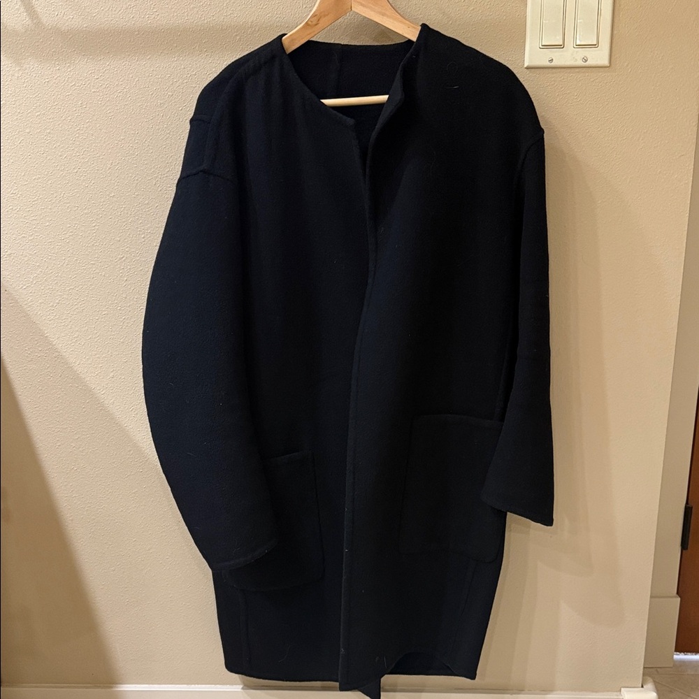 Vince Reversible Wool Coat Black Minimalist Open Front Coat Chic Modern Classic